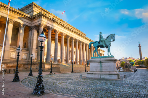 Liverpool, UK - May 17 2018: Prince Albert Statue at St George's Hall by Thomas Thornycroft (1814-1885). Erected in 1866 with Bronze on a granite pedestal