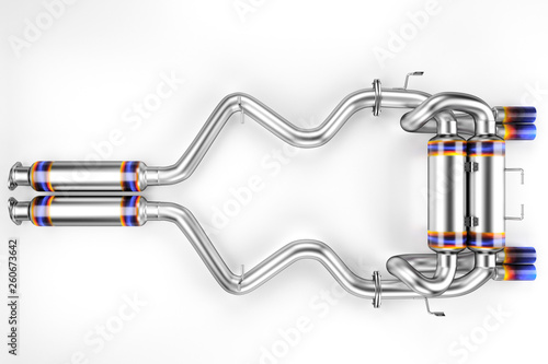 Tuning exhaust system for a sports car. Car muffler, exhaust silencer on a white background