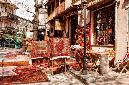 Sale of national carpets on the streets of Tbilisi. Georgia.