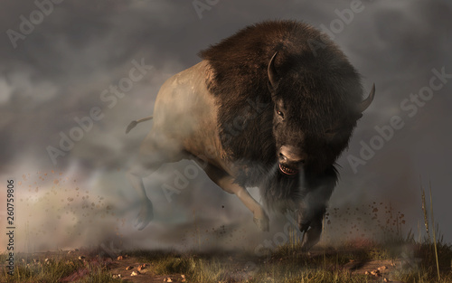 On a dark and foggy prairie in the American west, an enraged bison bull kicks up dust as it charges. Better get out of the way of this angry buffalo. 3D Rendering