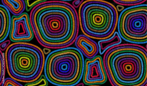 African style colorful stitched circles on black background vector seamless pattern