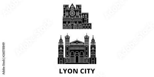 France, Lyon City flat travel skyline set. France, Lyon City black city vector panorama, illustration, travel sights, landmarks, streets.