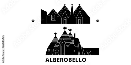 Italy, Alberobello flat travel skyline set. Italy, Alberobello black city vector panorama, illustration, travel sights, landmarks, streets.
