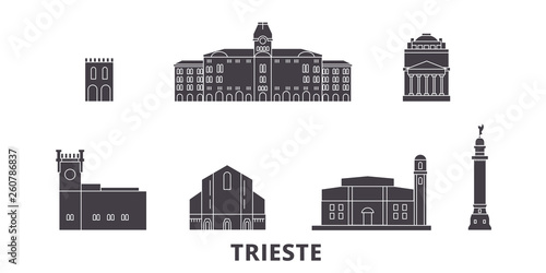 Italy, Trieste flat travel skyline set. Italy, Trieste black city vector panorama, illustration, travel sights, landmarks, streets.