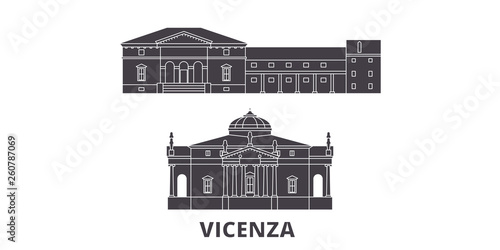 Italy, Vicenza flat travel skyline set. Italy, Vicenza black city vector panorama, illustration, travel sights, landmarks, streets.