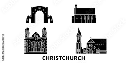 New Zealand, Christchurch flat travel skyline set. New Zealand, Christchurch black city vector panorama, illustration, travel sights, landmarks, streets.