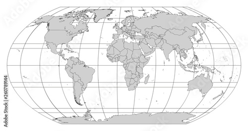 Grey contour world map in Robinson Projection with meridians and parallels grid. All countries and islands. Vector illustration