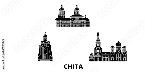 Russia, Chita flat travel skyline set. Russia, Chita black city vector panorama, illustration, travel sights, landmarks, streets.