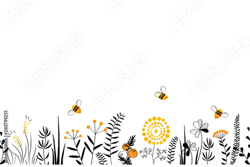 Vector nature seamless background with hand drawn wild herbs, flowers and leaves on white. Doodle style floral illustration.