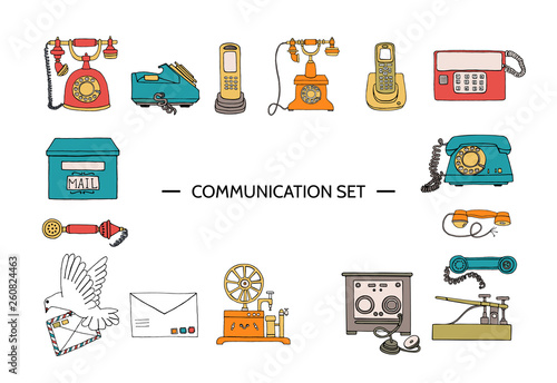 Vector vintage means of communication set. Retro collection of wired rotary dial telephone, radio phone, telegraph, receiver, pigeon post, letter, stamps. Bright and cheerful illustration