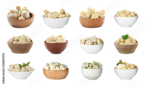 Set of bowls with delicious cooked dumplings on white background