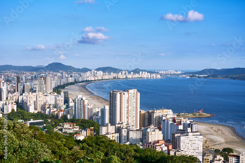 Aerial view of Santos city, county seat of Baixada Santista, on the coast of Sao Paulo state, Brazil.