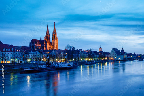 Historic houses, palaces, and churches on the bank of the Danube in the light of sunset.