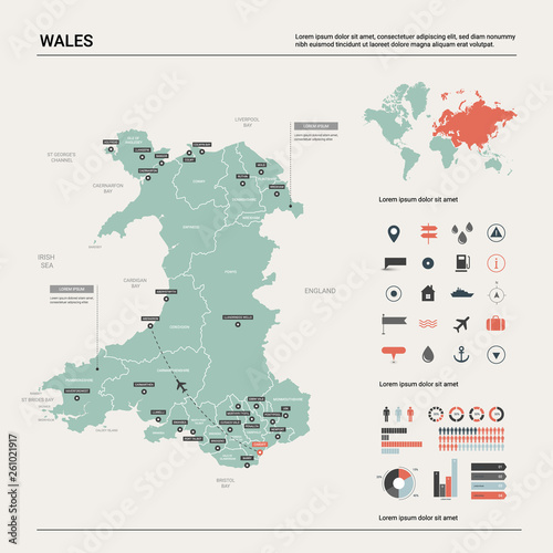 Vector map of Wales. High detailed country map with division, cities and capital Cardiff. Political map, world map, infographic elements.