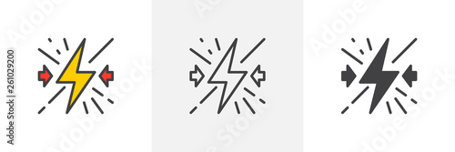 Conflict icon. Line, glyph and filled outline colorful version, Lightning bolt outline and filled vector sign. Symbol, logo illustration. Different style icons set. Vector graphics