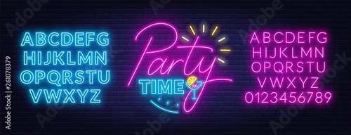 Party time neon lettering in retro style. Neon fonts. Vector illustration on a dark background.