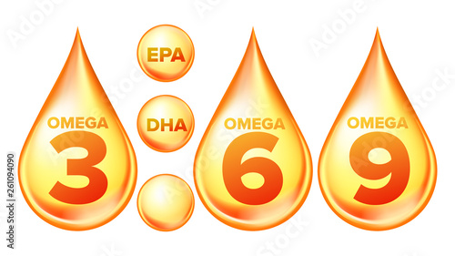Omega Fatty Acid, EPA, DHA Vector Drops Set. Omega Three, Six And Nine Isolated Cliparts Pack. Natural Fish, Plants Oil. Healthy Food Supplements Collection. Organic Vitamin, Nutrient 3D Illustration
