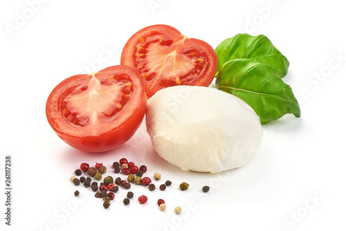 Traditional Italian Mozzarella cheese balls with basil and tomatoes, close-up, isolated on white background