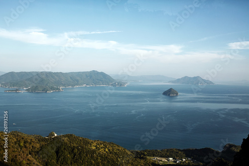 View over Miyajima and Hiroshima Bay from inside cabin of ropeway cable car. Miyajima, Japan