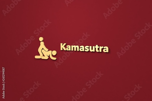 3D illustration of Kamasutra, yellow color and yellow text with red background.