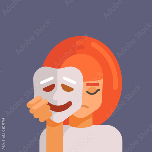 Concept of hypocrisy. The girl is holding a mask and covers her real emotions behind this mask. She is a sad, but mask is a happy and laughing. Flat style vector illustration. Double game.