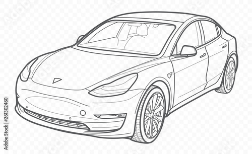 Vector contour car on transparent background. Tesla electrocar outline.