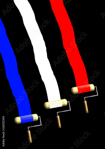 Trois rouleaux de peinture étalent le bleu, blanc, rouge du drapeau français
