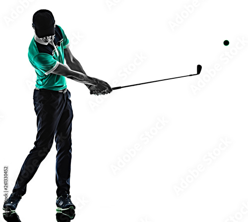 one young caucasian Man Golf golfer golfingshadow silhouette isolated on white background