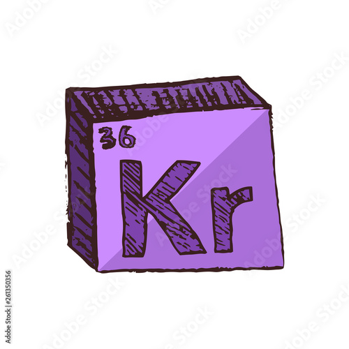 Vector three-dimensional hand drawn chemical purple symbol of noble gas krypton with an abbreviation Kr from the periodic table of the elements isolated on a white background.