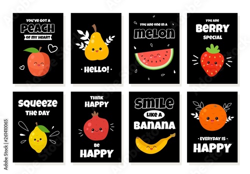 Vector set of cards with cute cartoon fruits and quotes. Template for cards, banners, posters, calendars.