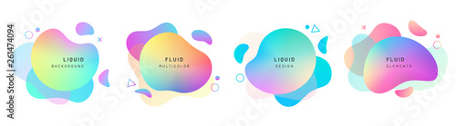 Set of isolated abstract liquid shapes. Elements for gradient fluid design. Background with dynamic forms and and circles. Colorful halftone overlapping splash. Modern graphic composition