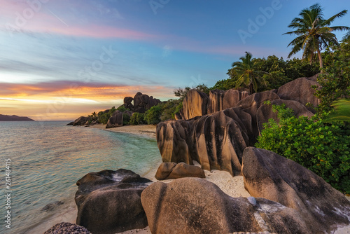 romantic sunset in paradise, anse source d'argent, la digue, seychelles 9