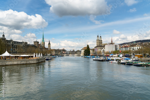 Zurich cityscape with the river Limmat during the traditional spring festival of Sechselauten in April