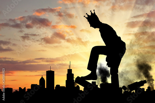 Big selfish man with a crown destroys the city on his way