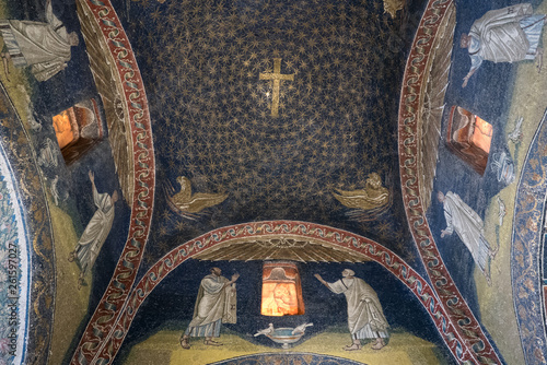 Interior of Mausoleum of Galla Placidia, a chapel embellished with colorful mosaics in Ravenna. It was designated as Unesco World Heritage.