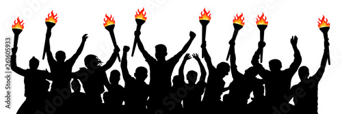 Crowd of people with torches. Isolated vector silhouette