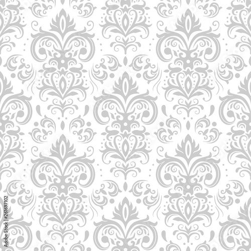 Decorative damask pattern. Vintage ornament, baroque flowers and silver venetian ornate floral ornaments seamless vector background