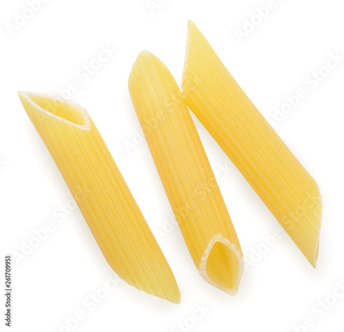 Pasta penne isolated on white background. Top view.