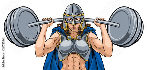 A warrior woman weightlifter lifting a heavy barbell weight. Could be a Viking, Anglo Saxon, knight or ancient Greek Trojan or Spartan sports mascot