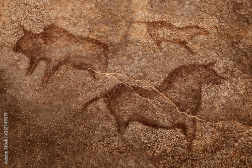The image of ancient animals on the wall of the cave. history of antiquities, archaeology.