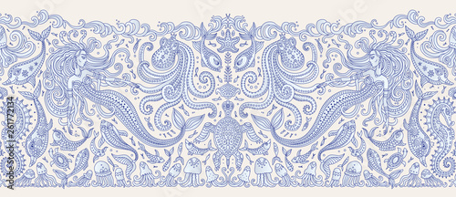 Vector seamless Border pattern. Fantasy mermaid, octopus, fish, sea animals dark blue contour thin line drawing on a beige background. Embroidery, wallpaper, textile print, wrapping paper