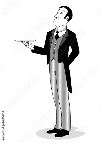 Illustration - elegant Butler holding tray