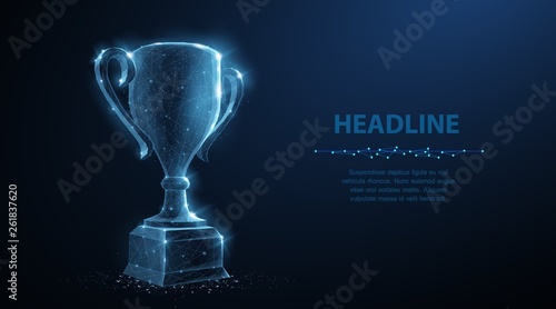 Trophy cup. Abstract vector 3d trophy isolated on blue background. Champions award, sport victory, winner prize concept