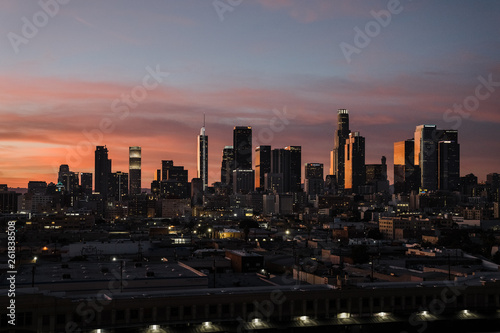 Colorful Los Angeles skyline at dusk