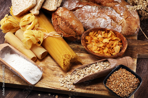 whole grain products with complex carbohydrates on table