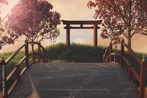 3d rendering of japanese shinto next to japanese cherry trees