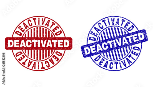 Grunge DEACTIVATED round stamp seals isolated on a white background. Round seals with distress texture in red and blue colors.