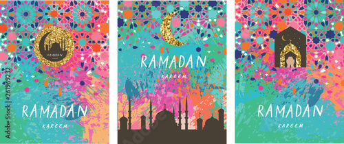 Ramadan Kareem background with crescent, moon and mosque   and mosaic. Ramadan mubarak greeting card, poster, invitation for muslim