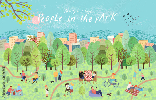People in the park. Vector illustration of people having a rest on a picnic in nature. Drawing by hand active family weekend in the forest by the lake with a barbecue, children's games, walks.Top view