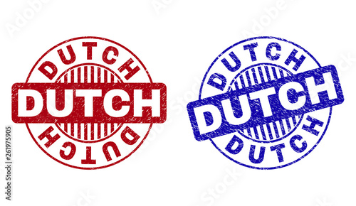Grunge DUTCH round stamp seals isolated on a white background. Round seals with grunge texture in red and blue colors. Vector rubber imprint of DUTCH text inside circle form with stripes.